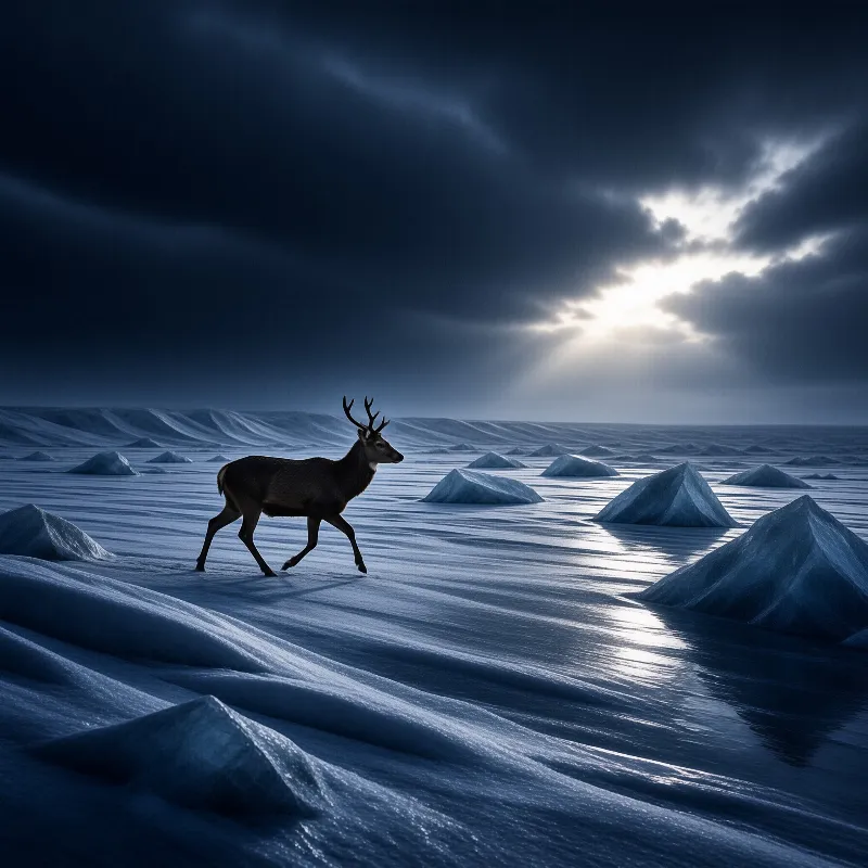 A dark deer strides across a blue frozen plain dotted with ice mounds as sunlight pierces dark clouds.