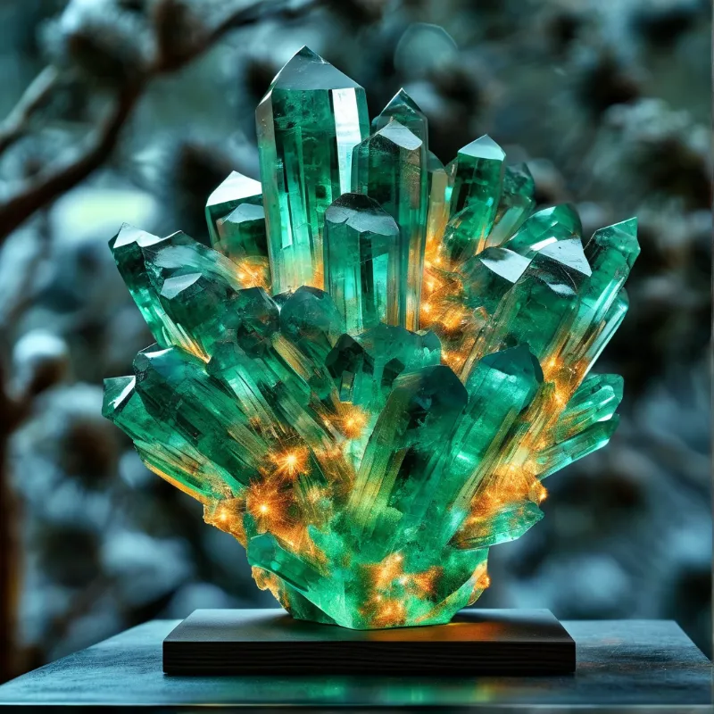 Translucent green crystals rest on a black base with warm orange light glowing from within the mineral cluster.