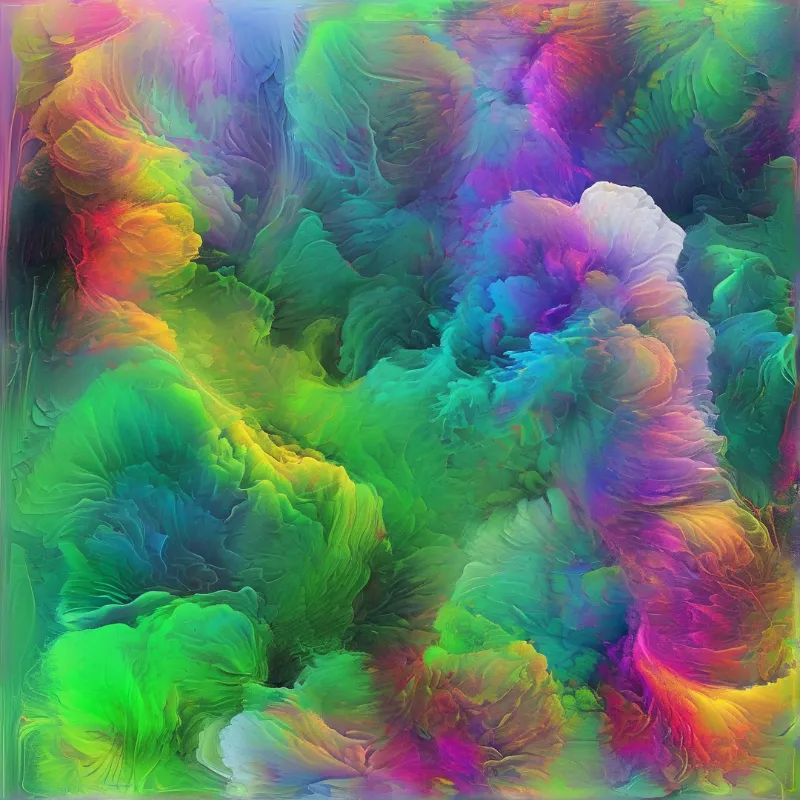 A vibrant abstract composition features fluid shapes resembling colorful coral with gradients of green, purple, and pink.
