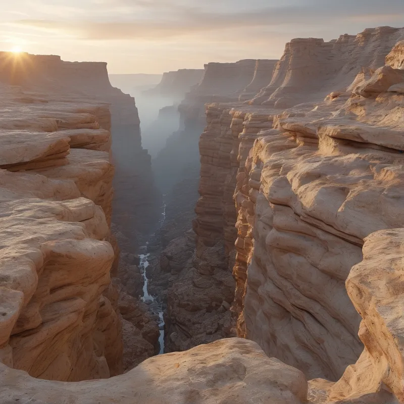 Sunlight grazes the layered sandstone cliffs of a deep desert canyon where a thin river winds below.