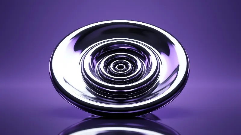 A shiny metallic spiral structure floats on a uniform purple surface with bright white highlights defining its curves.