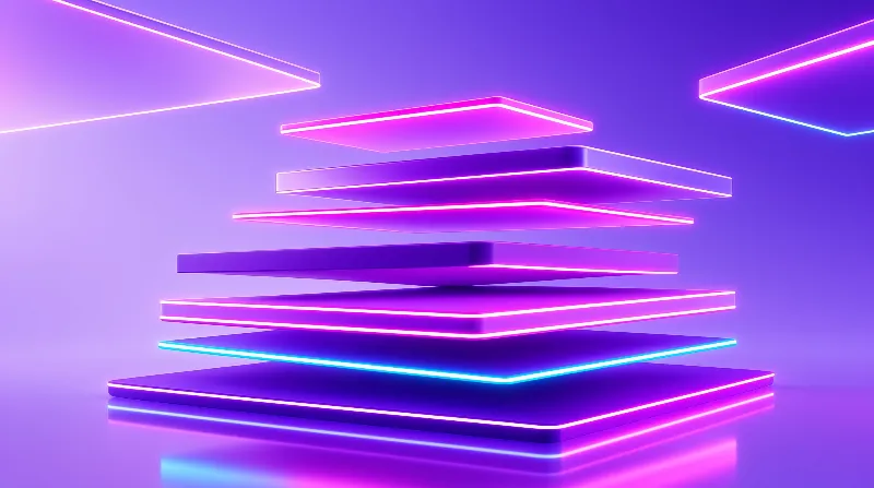 Floating rectangular platforms with bright neon outlines in a purple-blue gradient space reflecting their lights below