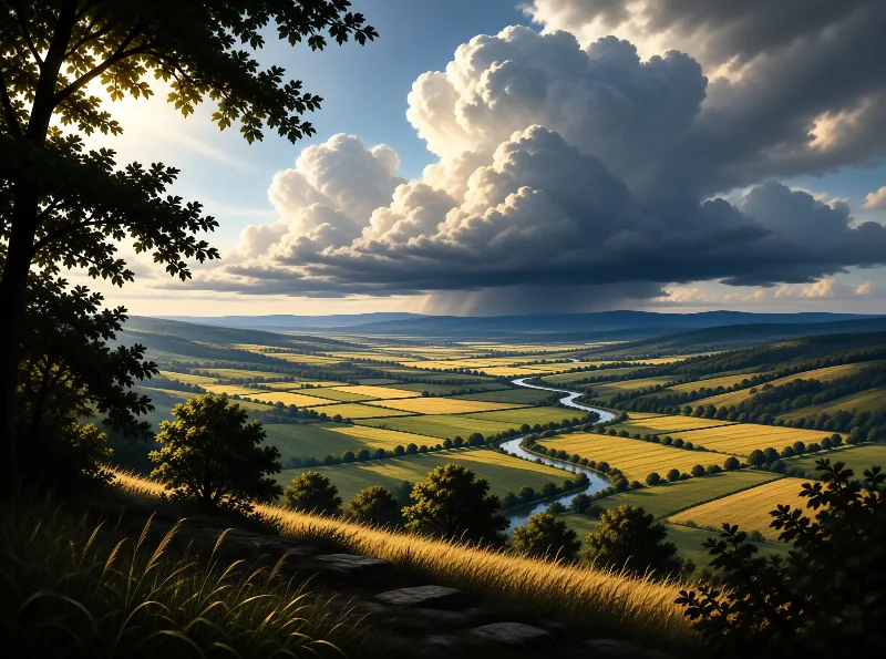 A winding river cuts through gold and green patchwork fields below towering cumulus clouds casting slanted sun rays.
