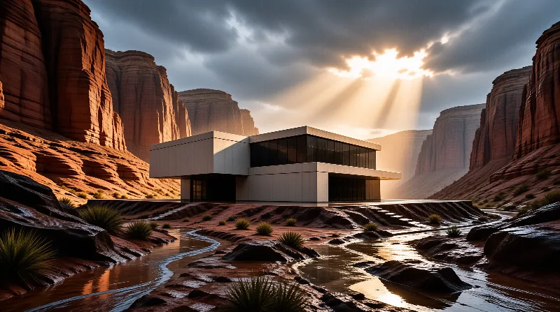 A contemporary house sits at the mouth of a red sandstone gorge as sunbeams break through storm clouds.