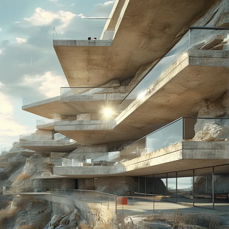 A concrete structure is embedded in a rocky cliffside with glass balconies and sunlight streaming through platforms