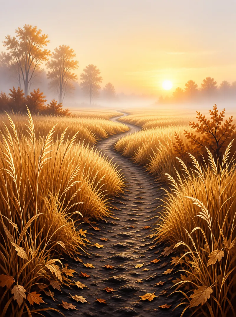 A winding dirt path cuts through tall golden grass under a bright sun shining over misty trees in the distance