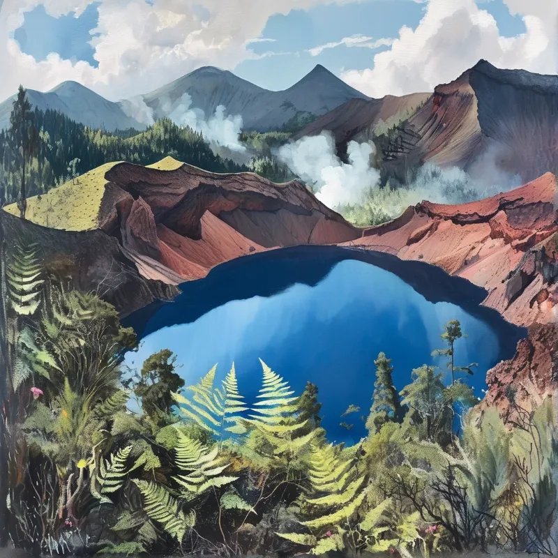 Intense azure depths occupy a rugged red basin, bordered by lush vegetation with distant peaks releasing vapor.