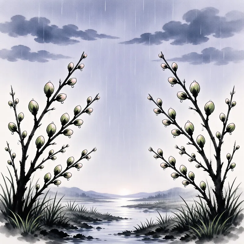Two willow branches frame a view of a river flowing toward distant mountains under a rainy sky.