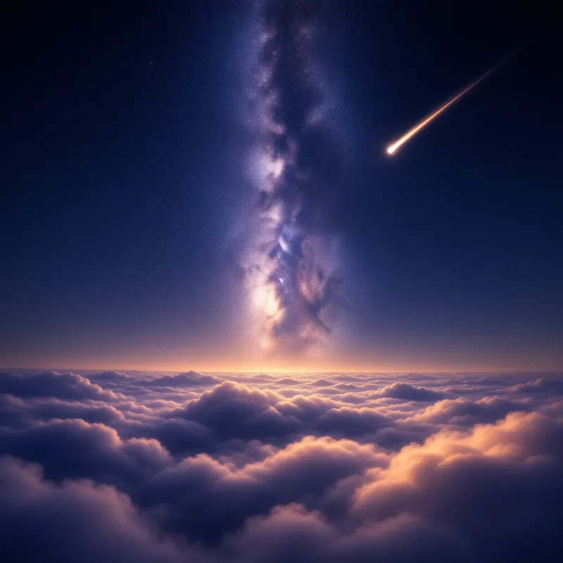 A brilliant meteor streaks diagonally across a deep blue night sky filled with the vertical band of the Milky Way galaxy above a dense ocean of white clouds illuminated by a soft orange horizon glow.
