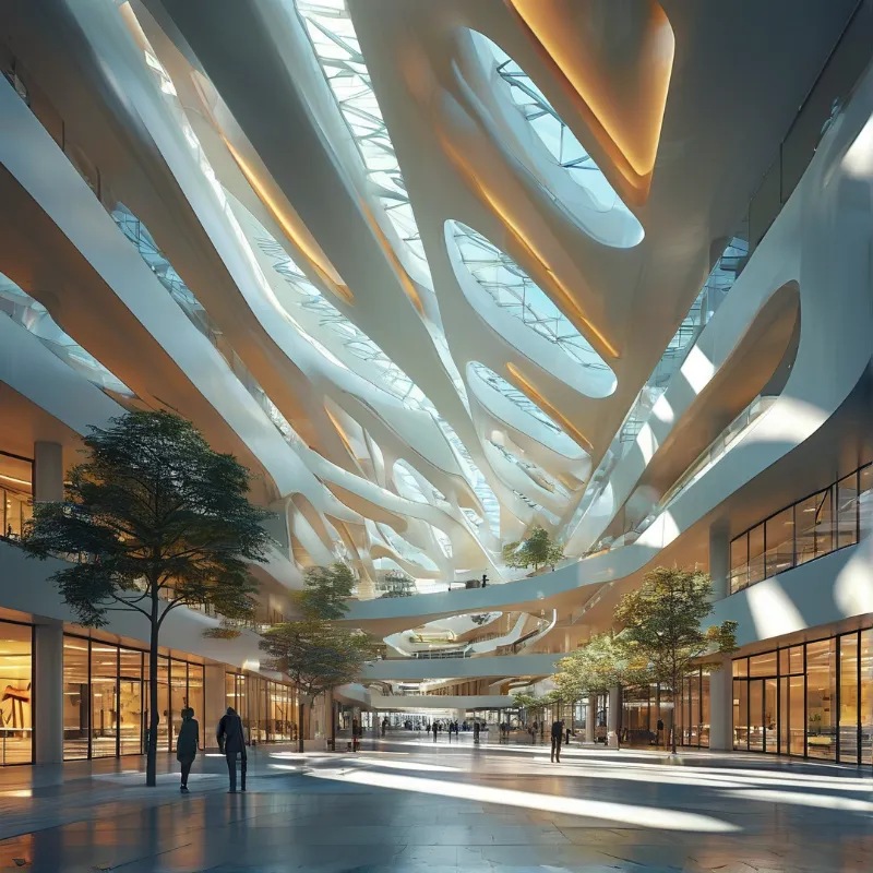 A vast modern shopping atrium features a rippling white ribbed ceiling, warm light slots and scattered green trees.
