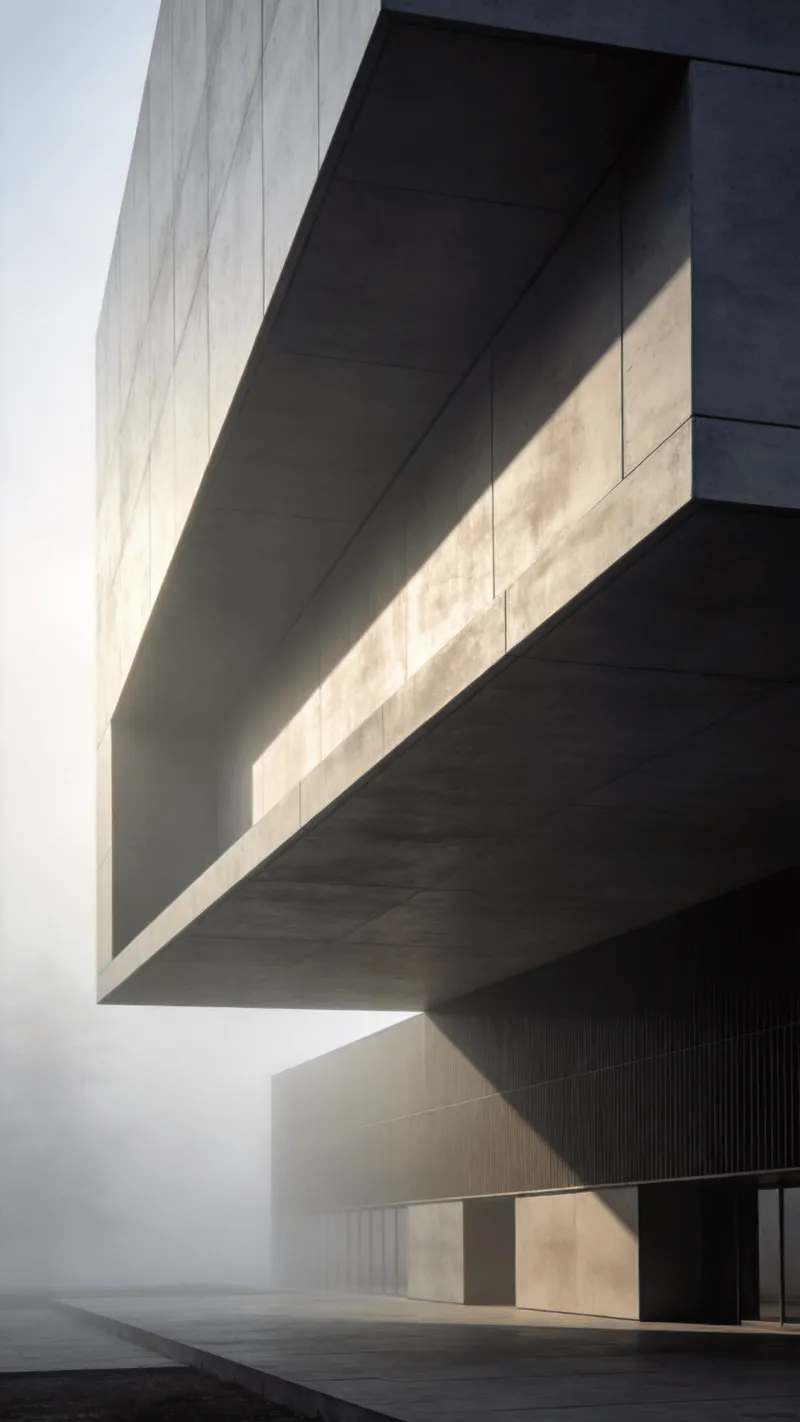 Museum with Floating Cantilever — Foggy Morning
