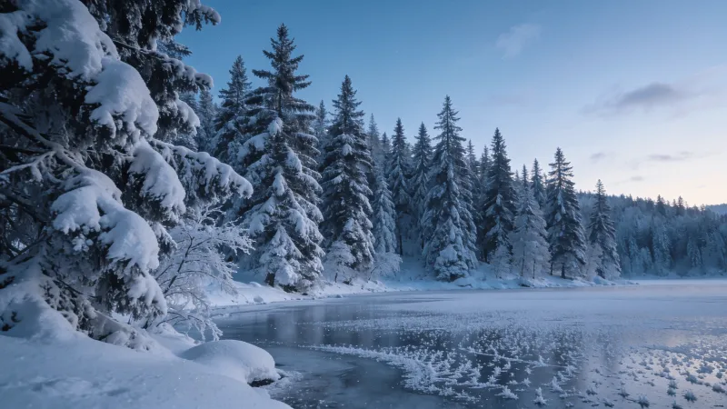 Snow-Covered Pines by a Frozen Lake