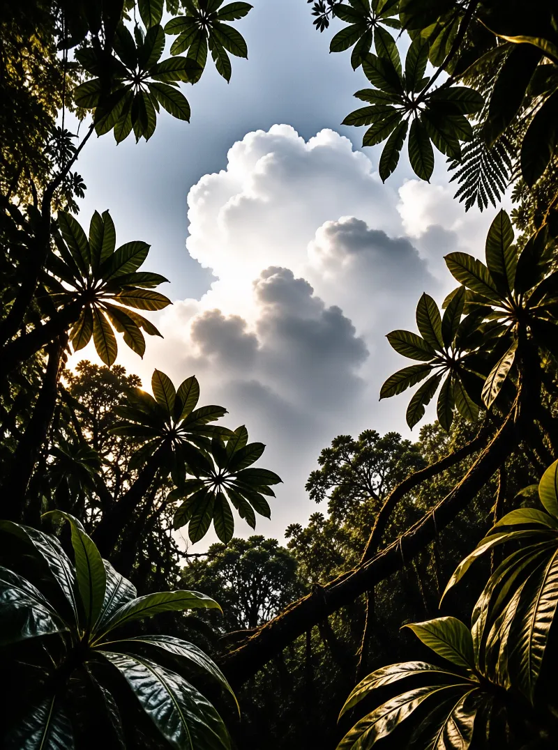 Silhouetted tropical leaves frame a view of fluffy white clouds against a blue sky.
