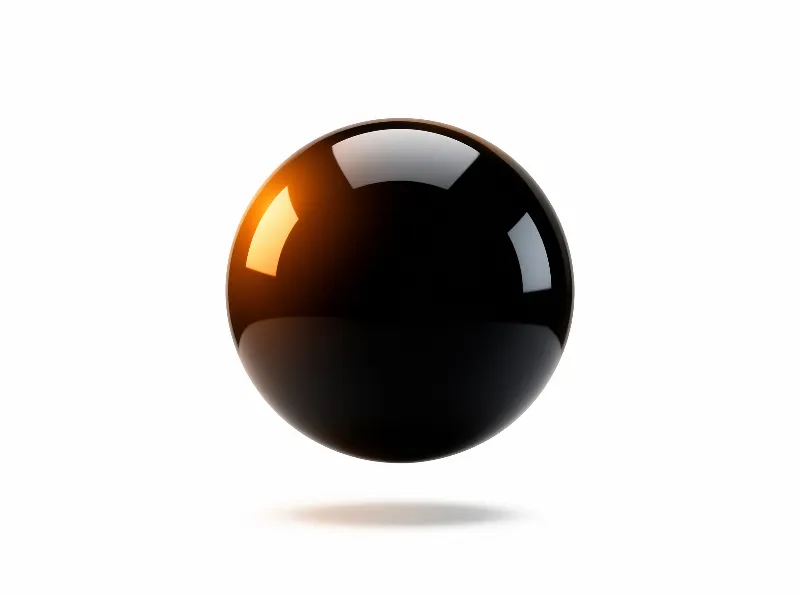 A glossy black sphere hovers above a white plane with bright orange and white highlights reflecting on its surface.