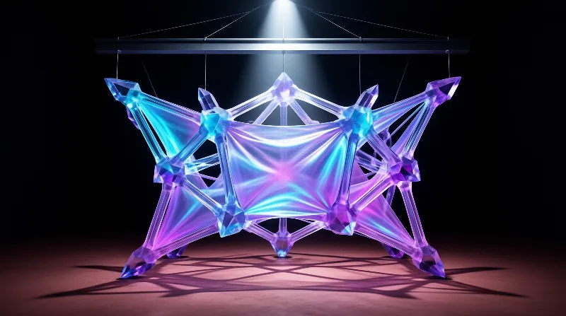 A glowing geometric sculpture features blue and purple hues while suspended from a bar against a dark background.