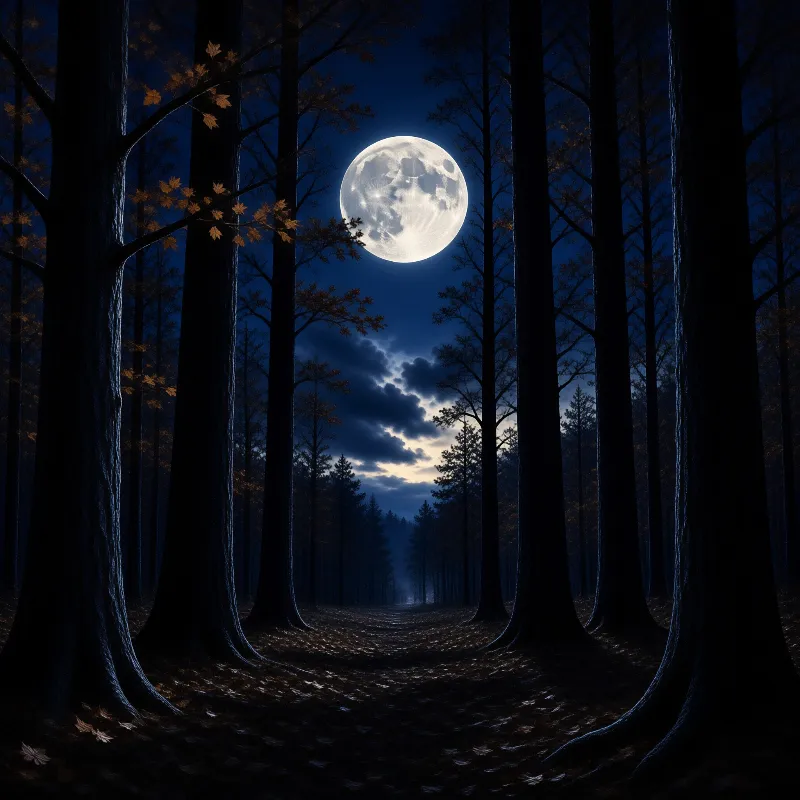 A large bright full moon glows over a dark misty forest path framed by tall silhouetted trees