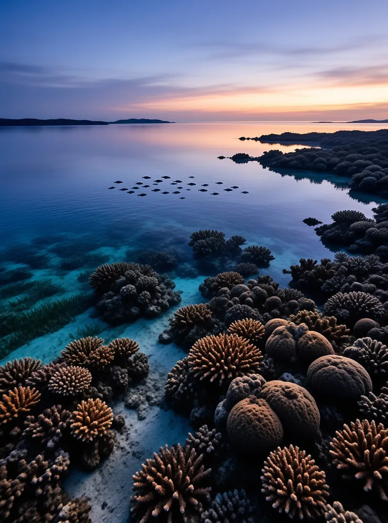 Diverse coral formations in clear blue water with a school of fish swimming beneath a colorful sunset sky.