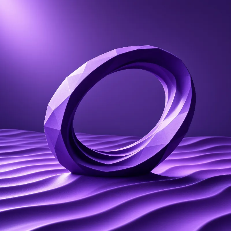 A faceted purple ring rests on an undulating surface bathed in soft violet light and shadow.