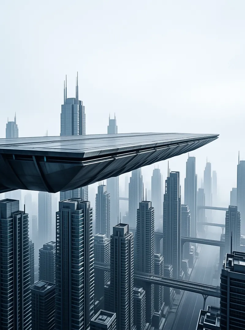 A massive angular hovering platform extends over a dense skyline of skyscrapers shrouded in pale blue grey mist.