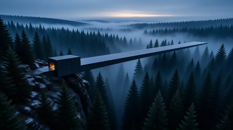 A sleek concrete structure extends far out over a dense pine forest filled with fog during the blue hour.