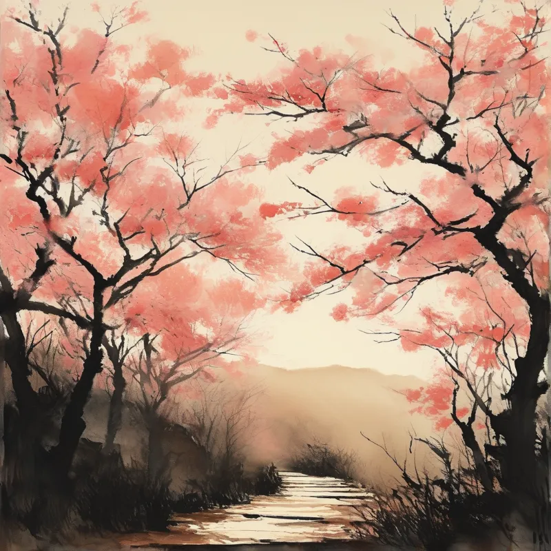 A watercolor artwork depicts a winding road framed by trees with pink foliage stretching toward hazy mountains.