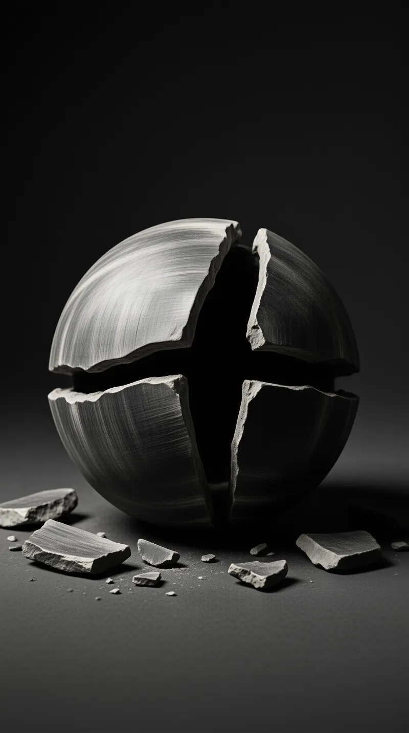 A dark grey sphere split into jagged segments rests on a matte surface with scattered stone shards against a black backdrop.