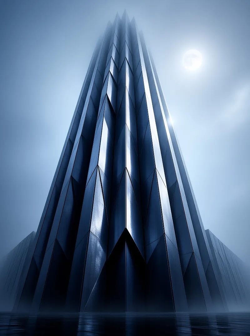 A tall angular blue skyscraper with faceted surfaces stands reflected in dark water under a bright moon.