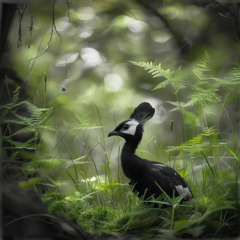 A small black bird with white facial markings stands among lush ferns in a dimly lit forest setting.