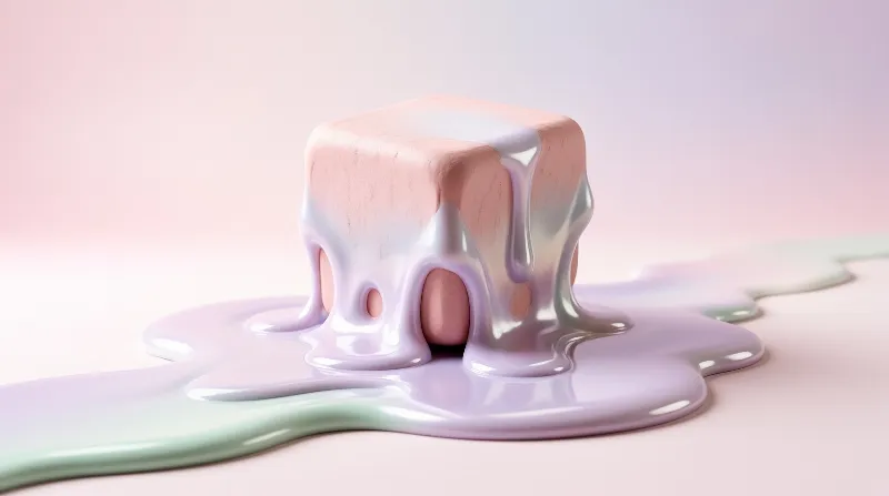 A matte pink block rests on a light background while iridescent purple and green liquid melts over its top and sides.