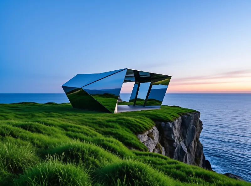 An angular futuristic building with mirror surfaces sits on a grassy cliff overlooking the ocean during a colorful sunset.