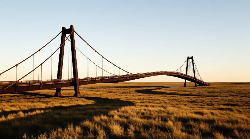 A large metal structure crosses a flat grassy field during the evening light.