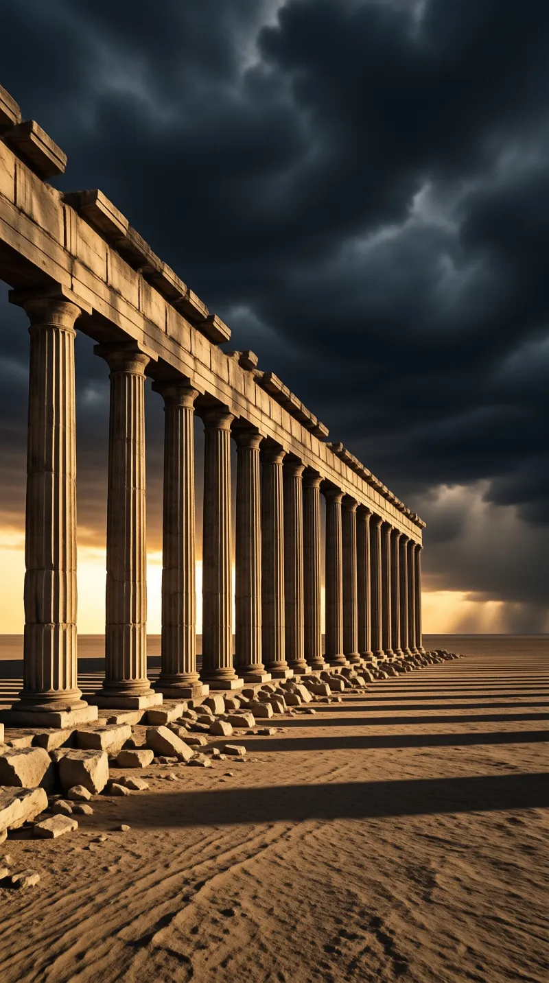 Fluted stone columns cast long shadows across golden sand beneath heavy dark clouds