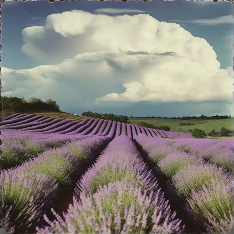 Rows of purple lavender flowers stretch across rolling green hills beneath a large white cloud formation in a blue sky.