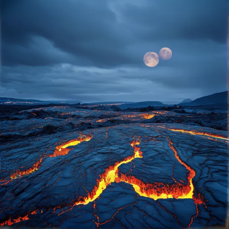 Glowing orange lava rivers run through dark solidified volcanic rock as two moons hang in a dark stormy blue sky