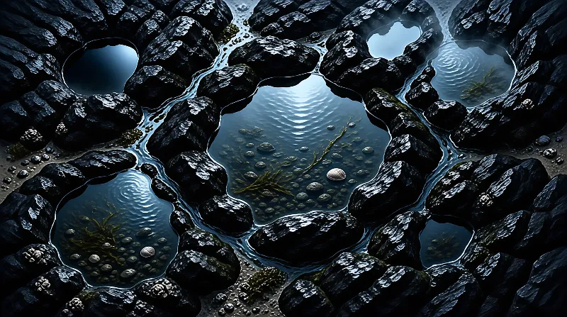 Overhead view of rippled water trapped between wet basalt boulders scattered with small shells.