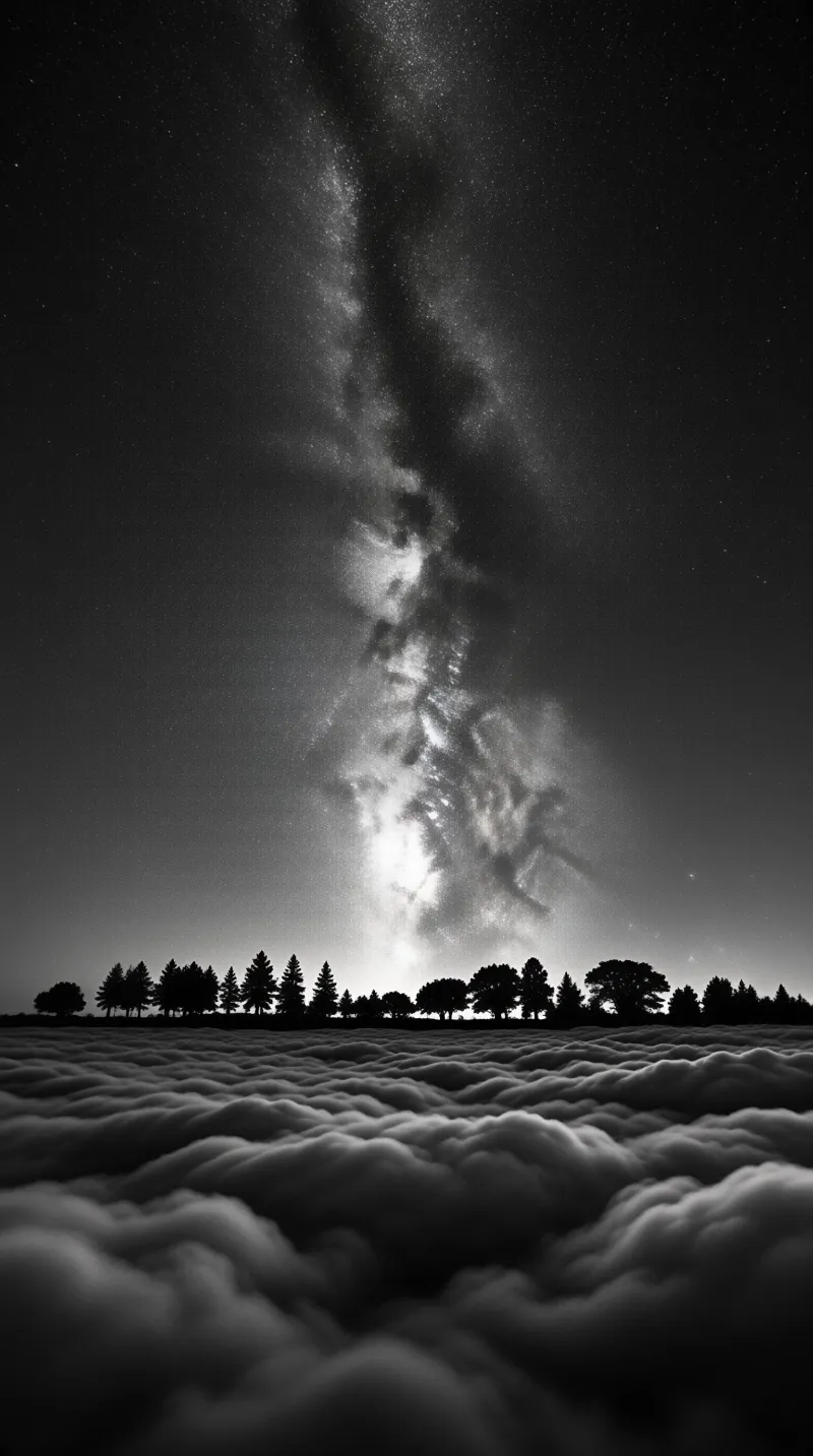 Dense star clouds split the black sky above a thin treeline floating on rolling fog.