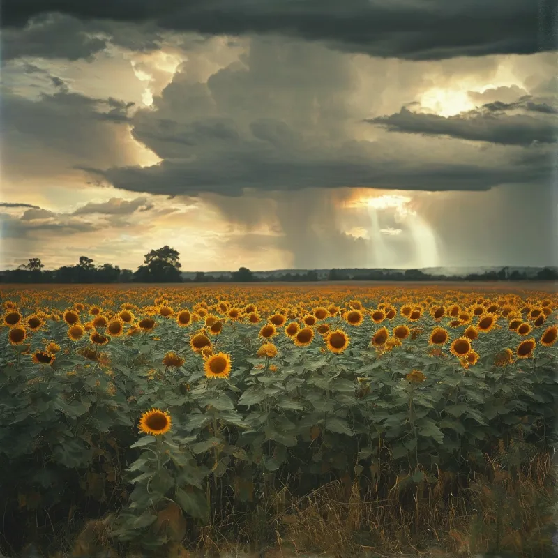A vast field of sunflowers stretches toward a horizon where dark storm clouds are pierced by bright shafts of light.