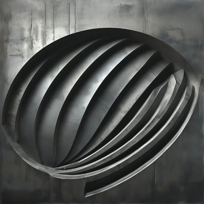 Circular metal sculpture with curved slats mounted on textured concrete wall, lit by directional light creating shadows