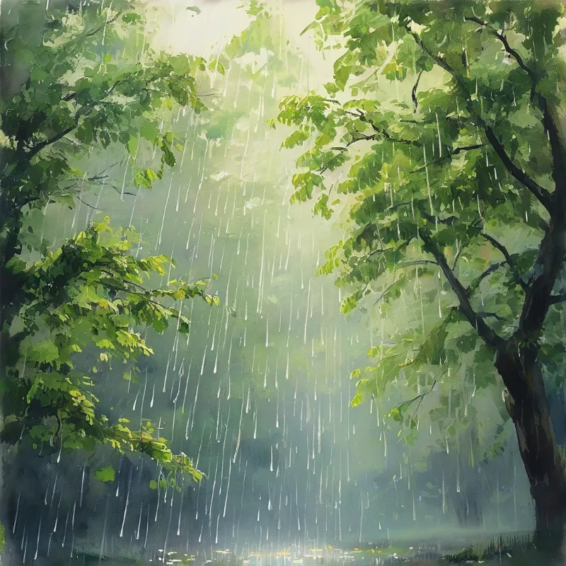Painted shower streaking down between leafy branches, with pale sunlight diffusing through a green woodland haze