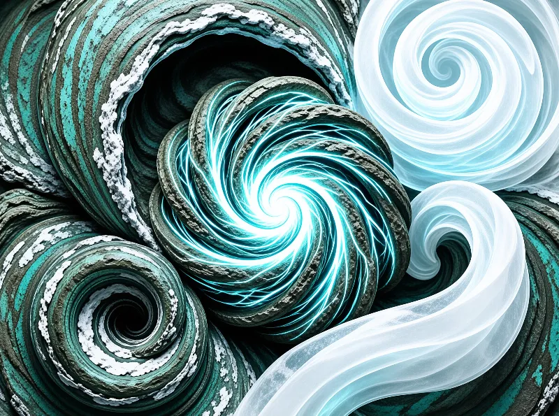 Layered teal whirlpools with frosted edges swirl around luminous blue filaments in an abstract composition.
