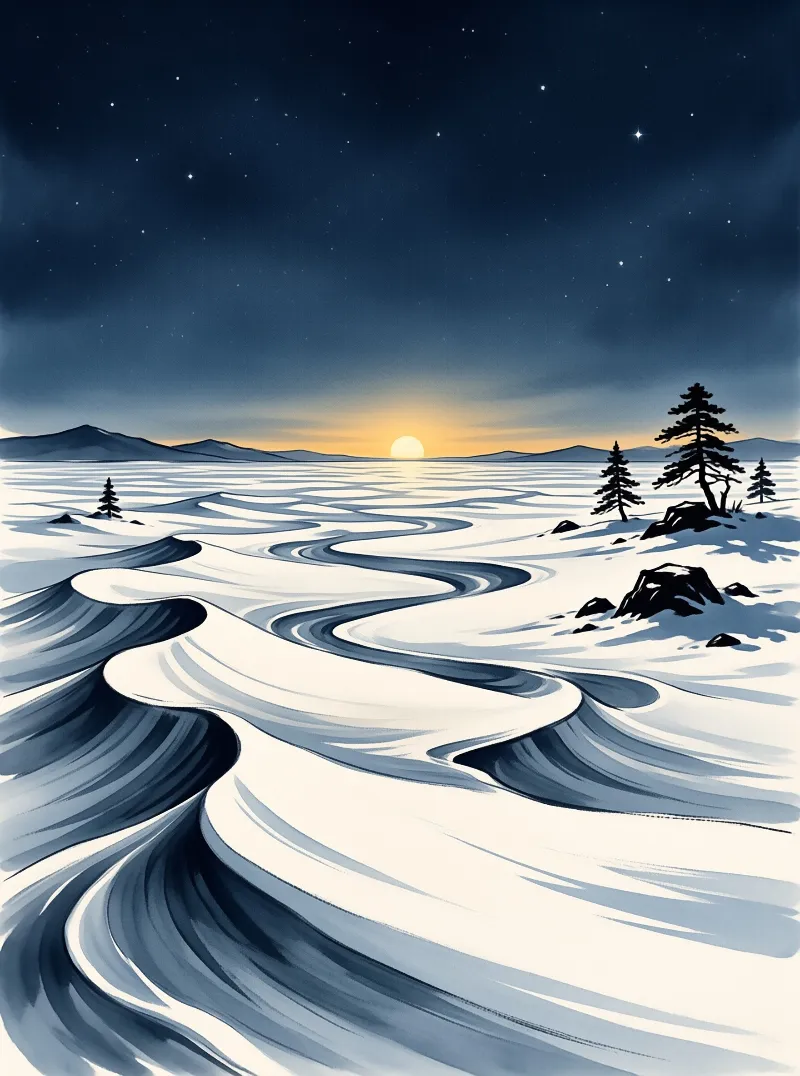 Winding snow path crosses a frozen valley while a bright sun sets behind distant mountains under a starry sky.