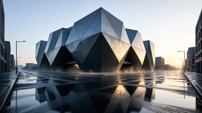 A sharply angled silver building reflects the setting sun across a rain slicked mirrored plaza.