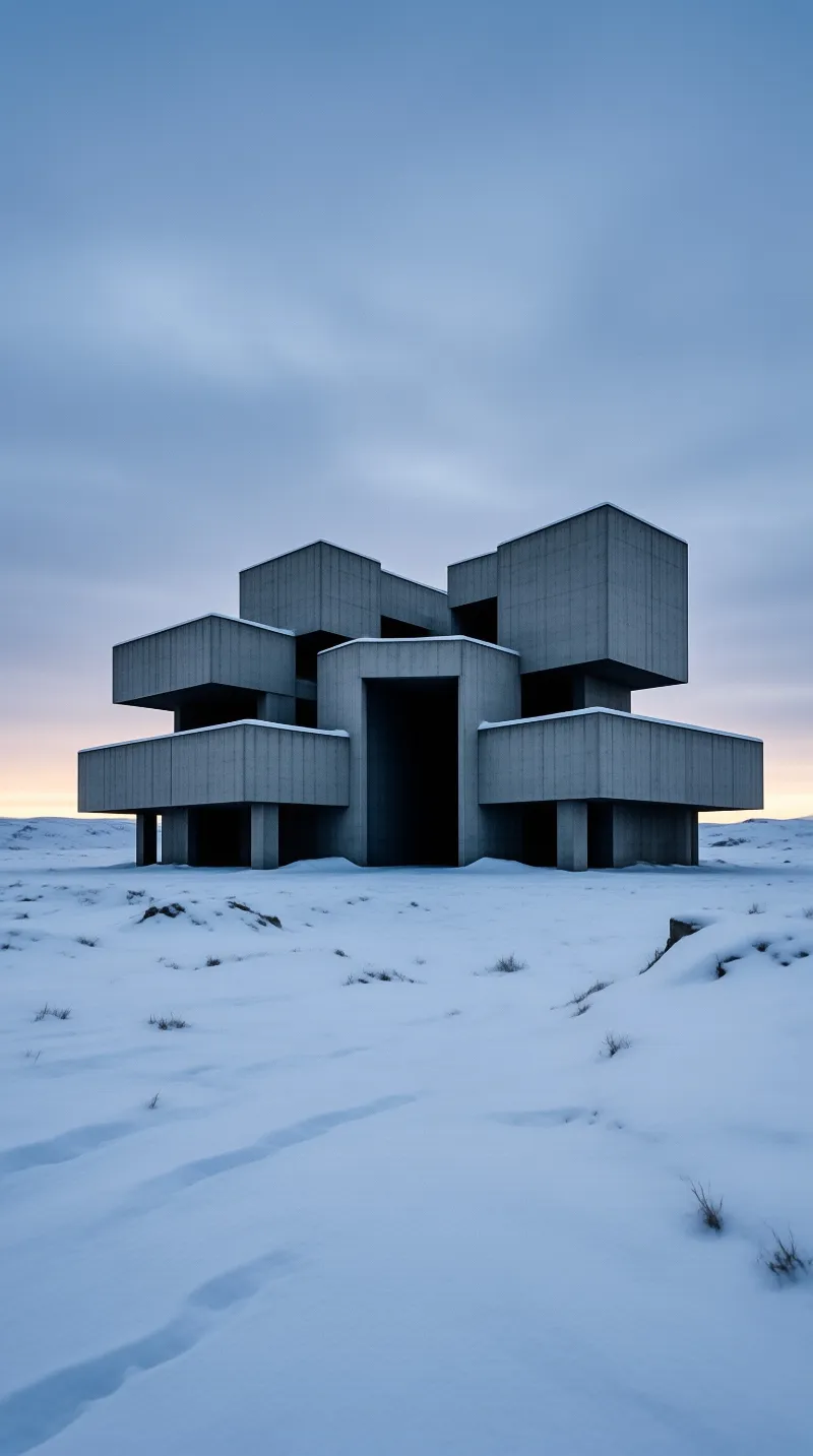 A massive concrete building sits in a snow-covered field under a cool blue twilight sky with a warm horizon glow.