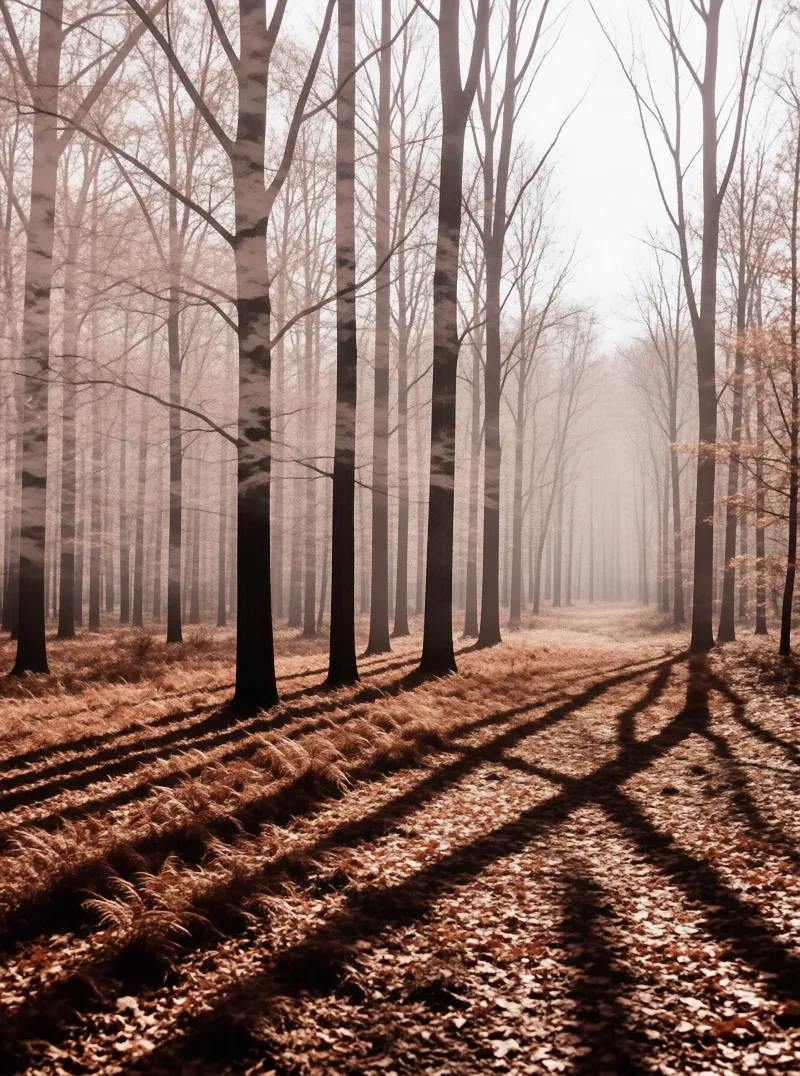 A row of tall trees stands in a foggy forest while long shadows stretch across the dry ground.