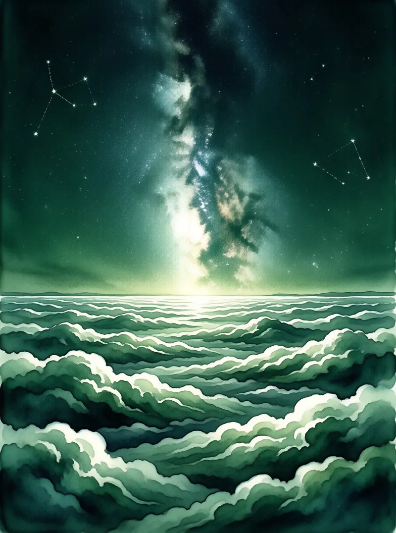 A teal seascape featuring layered waves under a starry night sky with a bright galaxy stretching across the horizon.