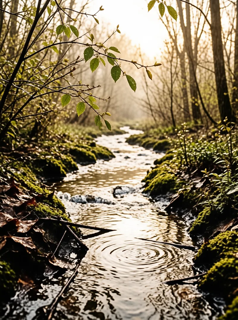 A shallow creek winds through a forest with bright sunlight shimmering on the water near green mossy rocks.