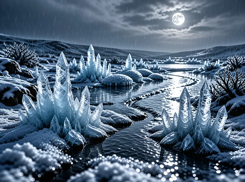 Sharp ice crystals rise from a snowy riverbed, reflecting moonlight as snow falls across a cold blue winter landscape.