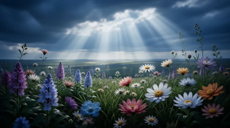 Sunlight Over Flower Field
