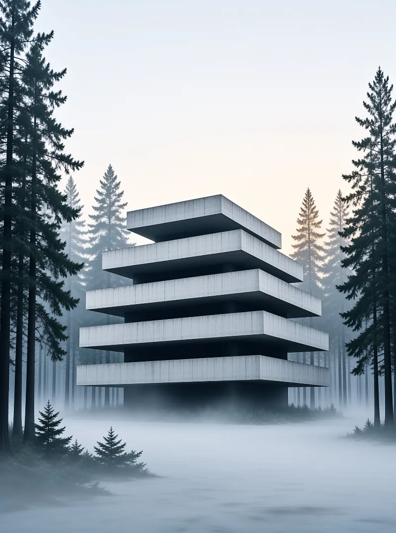 A tiered concrete structure stands isolated among tall pine trees while low lying fog obscures the forest floor.