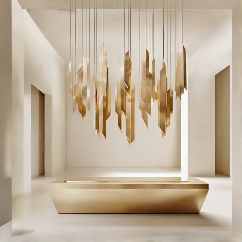 Dozens of gilded metal strips dangle on fine threads above a long polished trough in a bare white room.